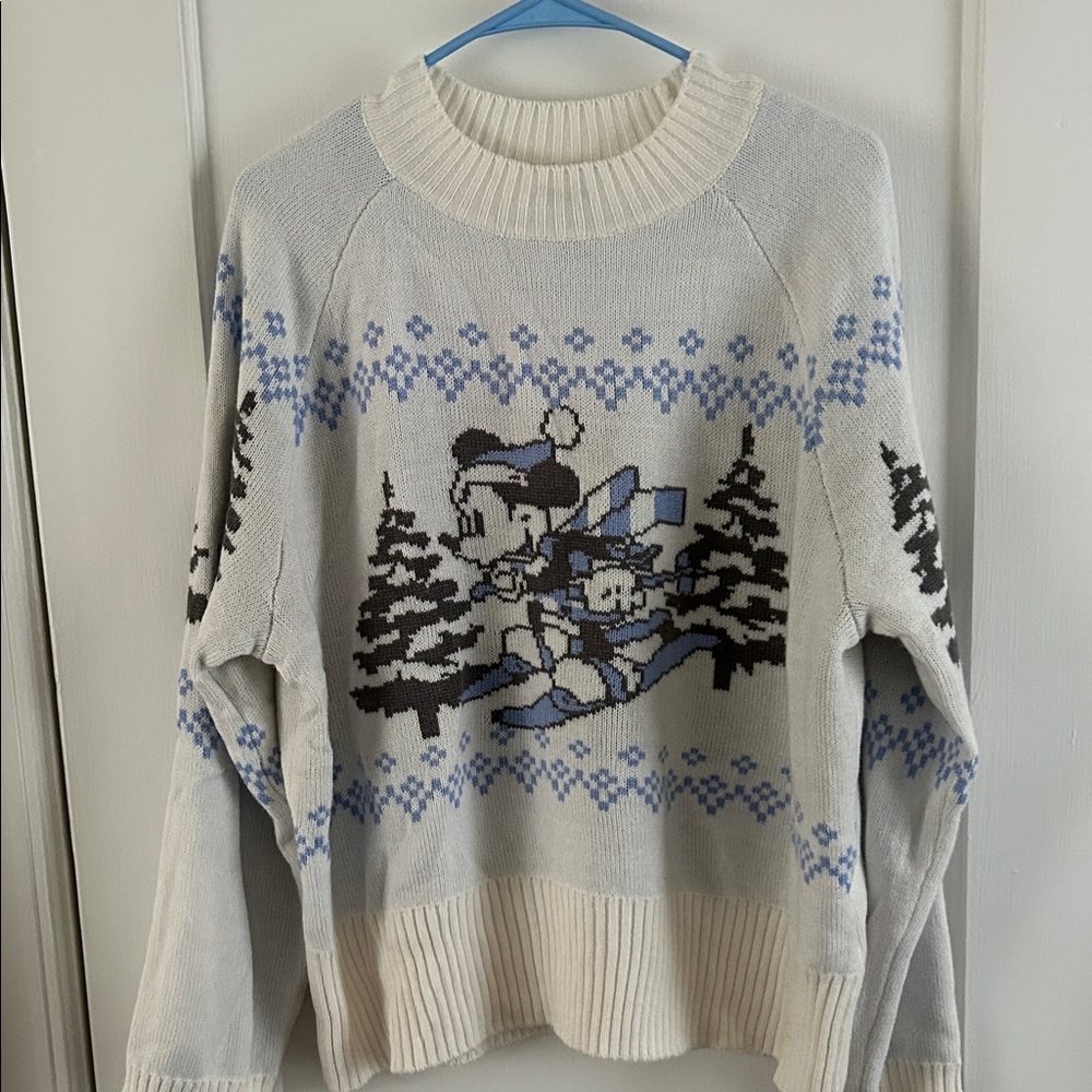 Disney Gray and Blue Skiing Mickey Mouse Graphic Crewneck Sweater - Picture 2 of 4